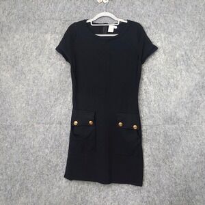 2 Chic Luxe Dress M L Black Pocket‎ Sweater Short Sleeve Gold Button Nautical